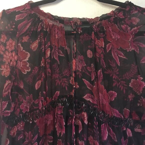 Sheer blouse, beaded middle, keyhole tie front with beaded tie witchy feminine M - Picture 2 of 5